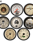 Set of 8 auto-themed drawer knobs featuring international and performance-style dashboard gauges, including KPH speedometers, a BMW-style dial, and modern metric instrumentation in bold, high-contrast designs.