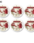White cabinet knobs in a 6-piece set featuring red and white French country kitchen ‘CUISINE’ graphics with rustic countertop décor.