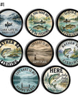 Set of 8 Lake‑life fishing cabinet knobs and drawer pulls featuring scenic bass, boats, and classic fishing sayings, perfect for rustic cabin, lodge, lake‑house, and outdoorsman man cave décor