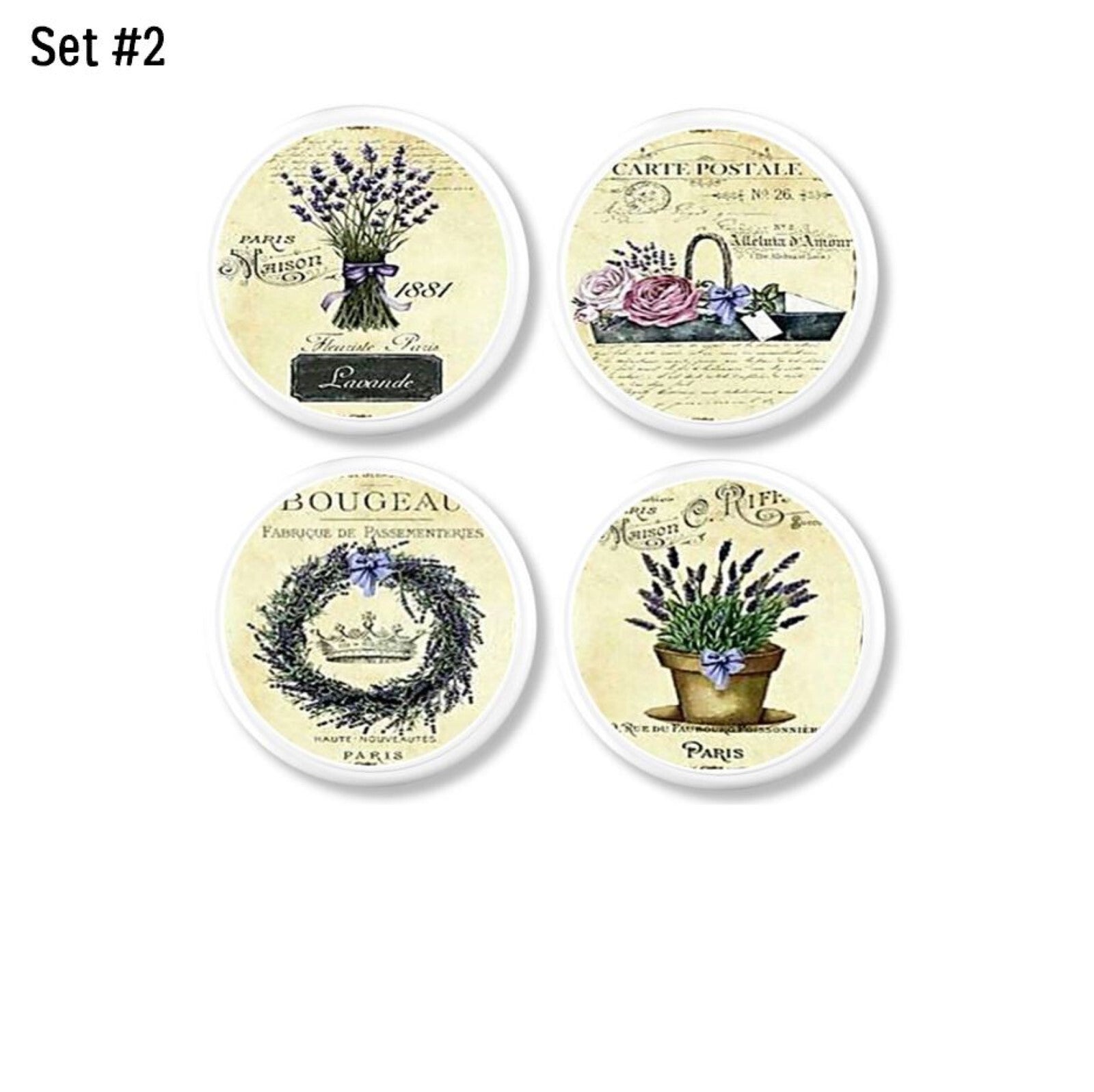 French themed drawer pull cupboard hardware featuring lavender bushels, poted plants and dried wreath upon a cream background. Made on a white knob.