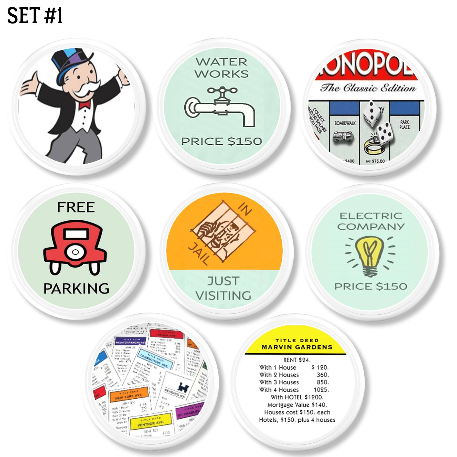 Handmade Monopoly cabinet knobs featuring Mr. Monopoly and board spaces like "water works", "Free Parking and "Jail". Colorful graphics on white handle.