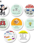 Handmade Monopoly cabinet knobs featuring Mr. Monopoly and board spaces like "water works", "Free Parking and "Jail". Colorful graphics on white handle.