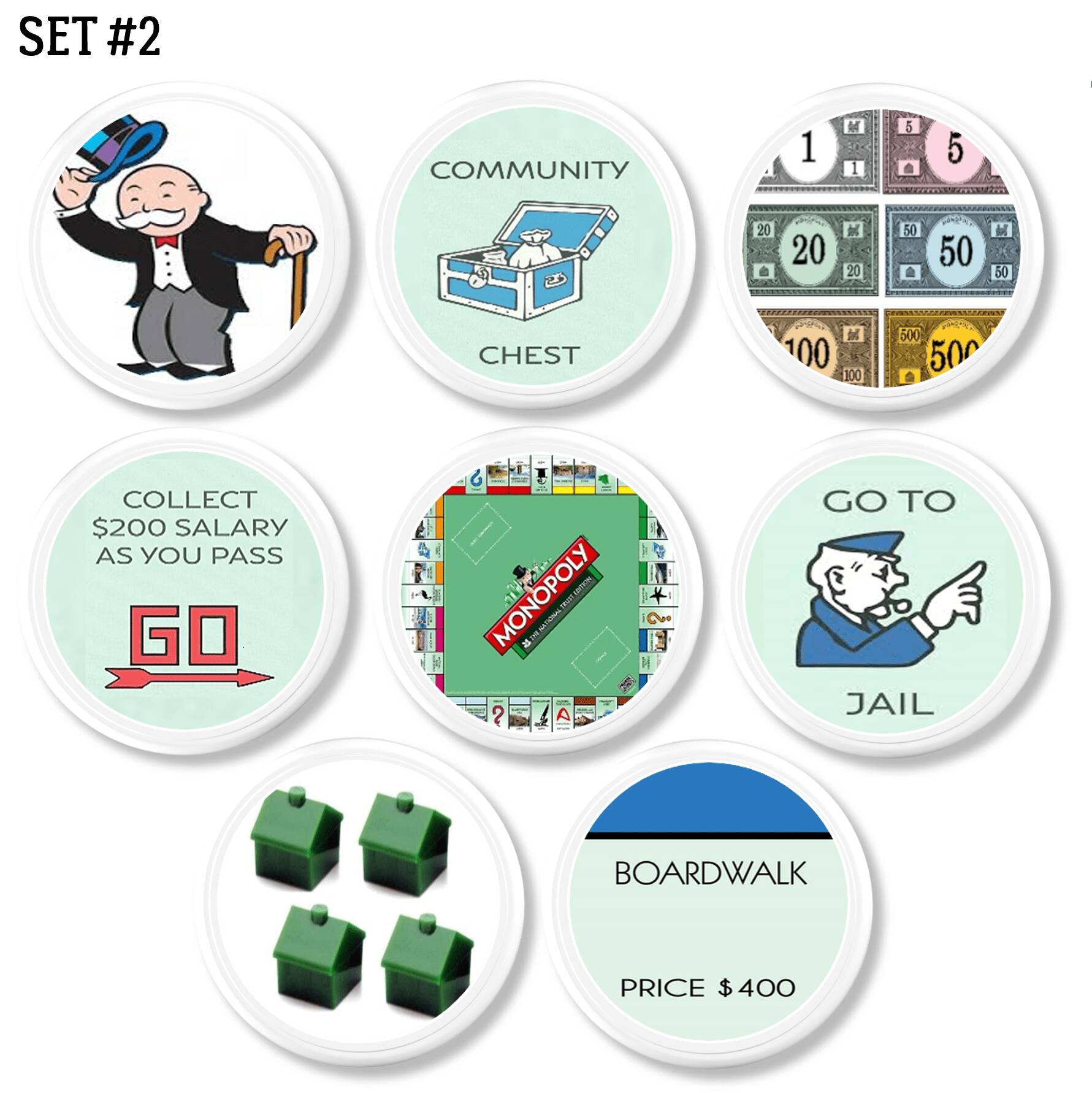 Set of 8 classic Monopoly board game themed decorative cabinet knobs and drawer pulls featuring Go, Free Parking, and Community Chest.