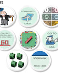 Set of 8 classic Monopoly board game themed decorative cabinet knobs and drawer pulls featuring Go, Free Parking, and Community Chest.