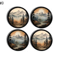 Rustic mountain landscape cabinet knobs set of 4 featuring misty forest scenes, peaceful river valleys, and layered mountain horizons for cabin, lodge, and nature‑inspired décor