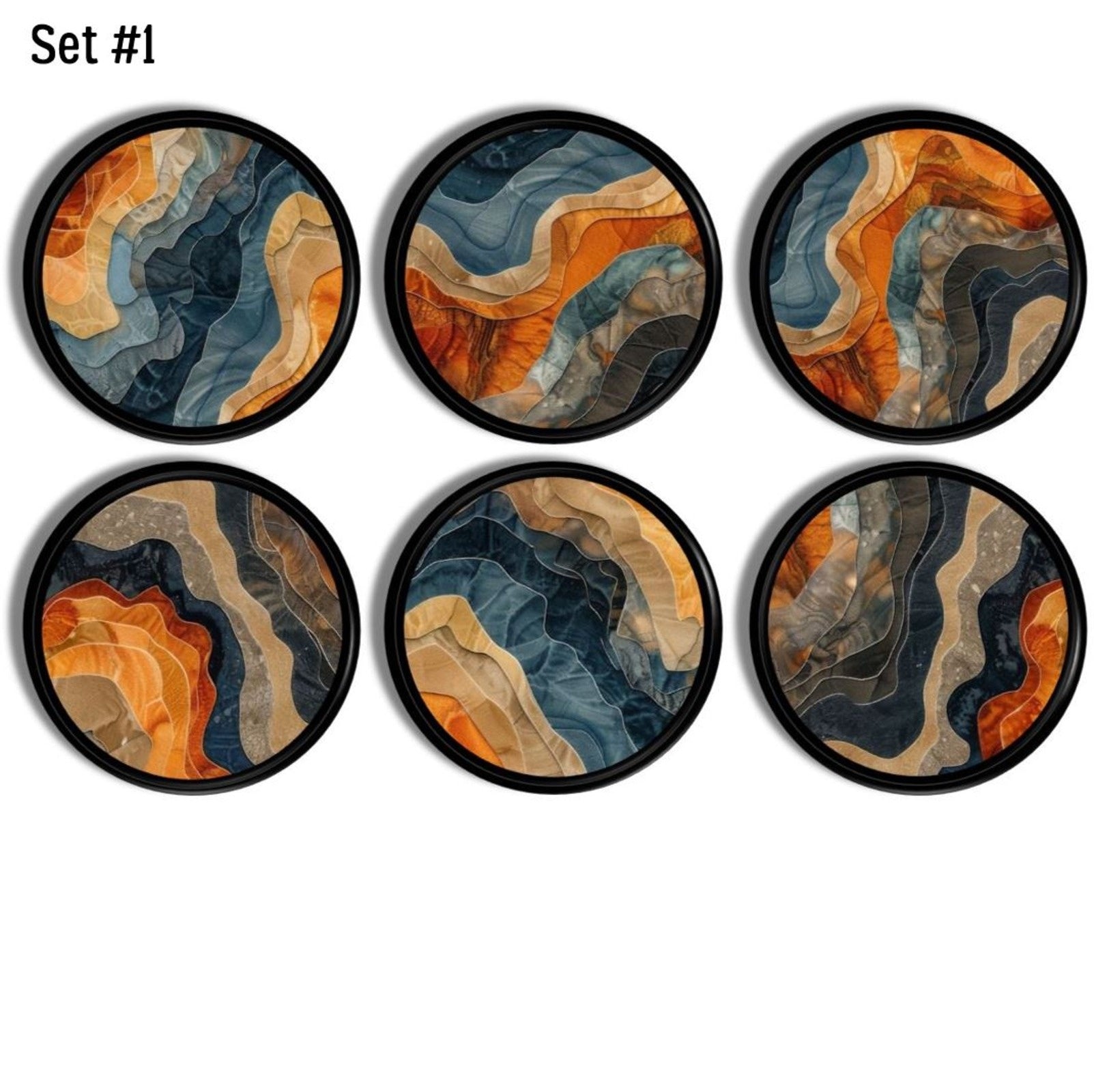 Set of 6 handmade cabinet knobs decorated in an abstract wave pattern. Orange, navy and tan design on black drawer pull.