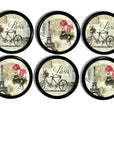 Six cabinet knobs featuring vintage Paris artwork with Eiffel Tower, tandem bicycle, and pink floral accents.