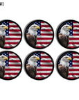 Patriotic drawer pulls and cabinet knobs with bald eagle and American flag. Decorative hardware on a black base knob