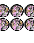 Six black cabinet knobs featuring feminine pink camouflage with forest elements, perfect for kids’ outdoor‑themed bedrooms or craft storage.