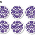 Handmade drawer pulls in a purple damask lattice wallpaper print. Decorative knobs for Sherlock Holmes, Girly Steampunk or Victorian decor. Made on white hardware.