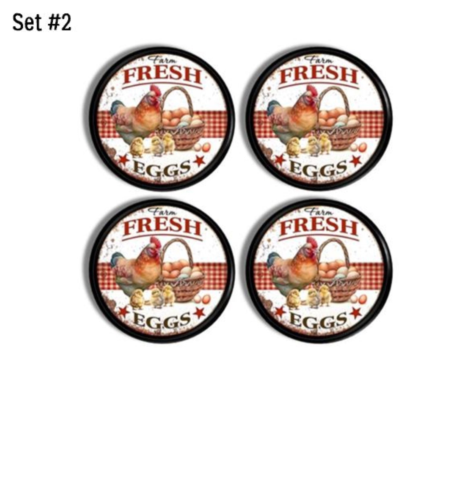 Vintage farmhouse decor decorative hardware in a Farm fresh egg chicken theme on black knobs.