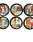 Six cabinet knobs featuring colorful midcentury coffee advertisement artwork with vintage cups, pots, and retro café typography.