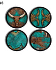 Set of 4 southwestern ranch themed knob cabinet door handles featuring steer head, leatherwork, weathered wood and cowhide designs.