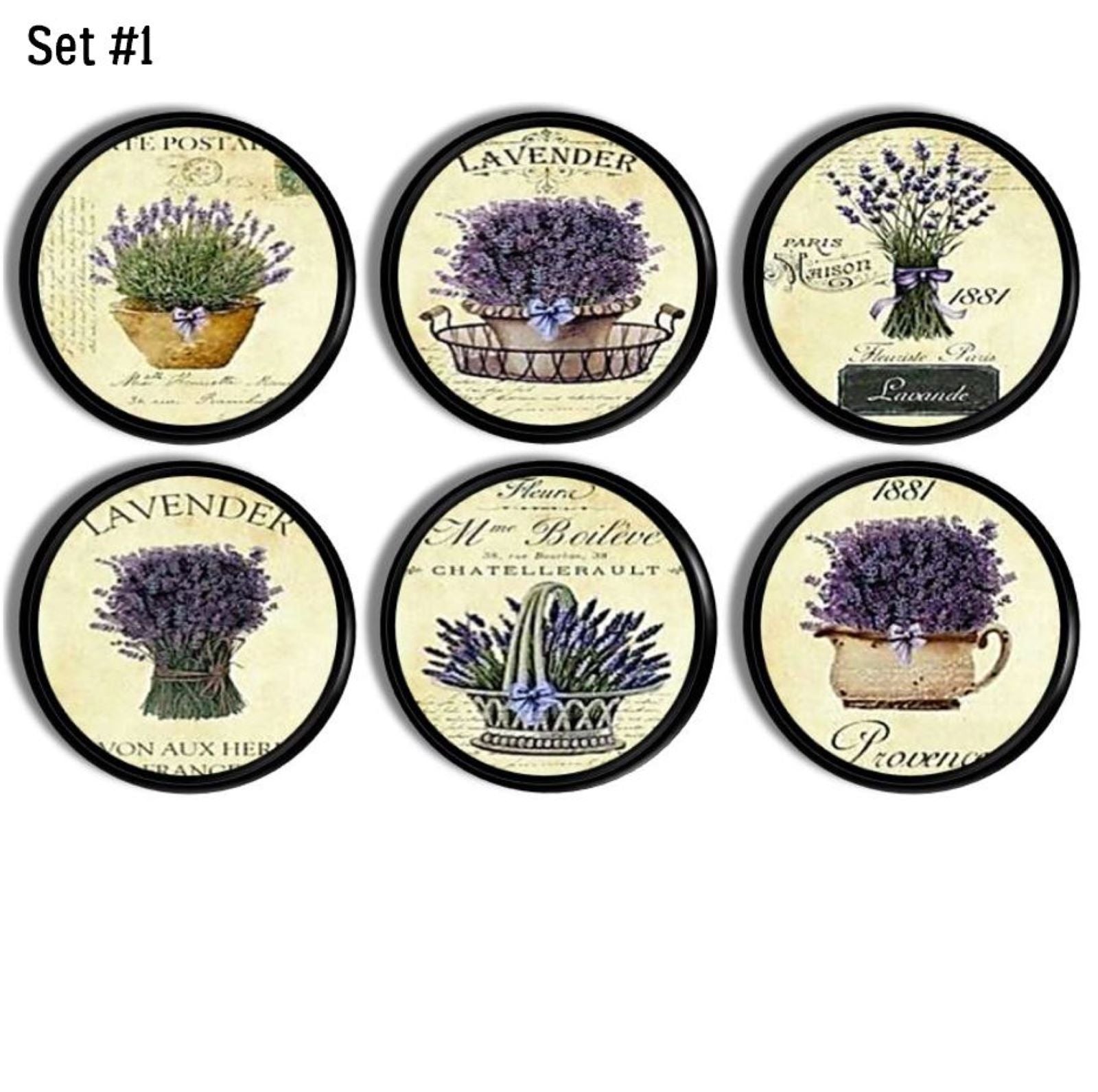 6 handmade decorative door handle knobs featuring fresh lavender florals.  Shabby cottage farmhouse style hardware.