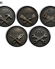 Rustic workshop tool cabinet knobs set featuring Build, Restore, Cut, Repair, and Fix designs with vintage hand tools for garage storage, woodworking spaces, and handyman décor