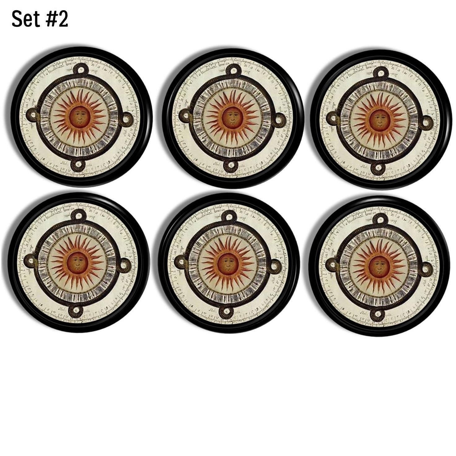 Set of six decorative cabinet knobs with a circular sunburst design, featuring intricate tribal and astrological engravings. The knobs have a rustic, antique look, ideal for Southwestern, bohemian, or eclectic home decor styles. Perfect for enhancing furniture, kitchen cabinets, or dresser drawers with a bold, artisanal touch.