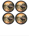 4 Scenic wilderness cabinet knobs featuring a moose wading through reflective water at sunset, designed for lodge, woodland, and rustic‑refined décor.