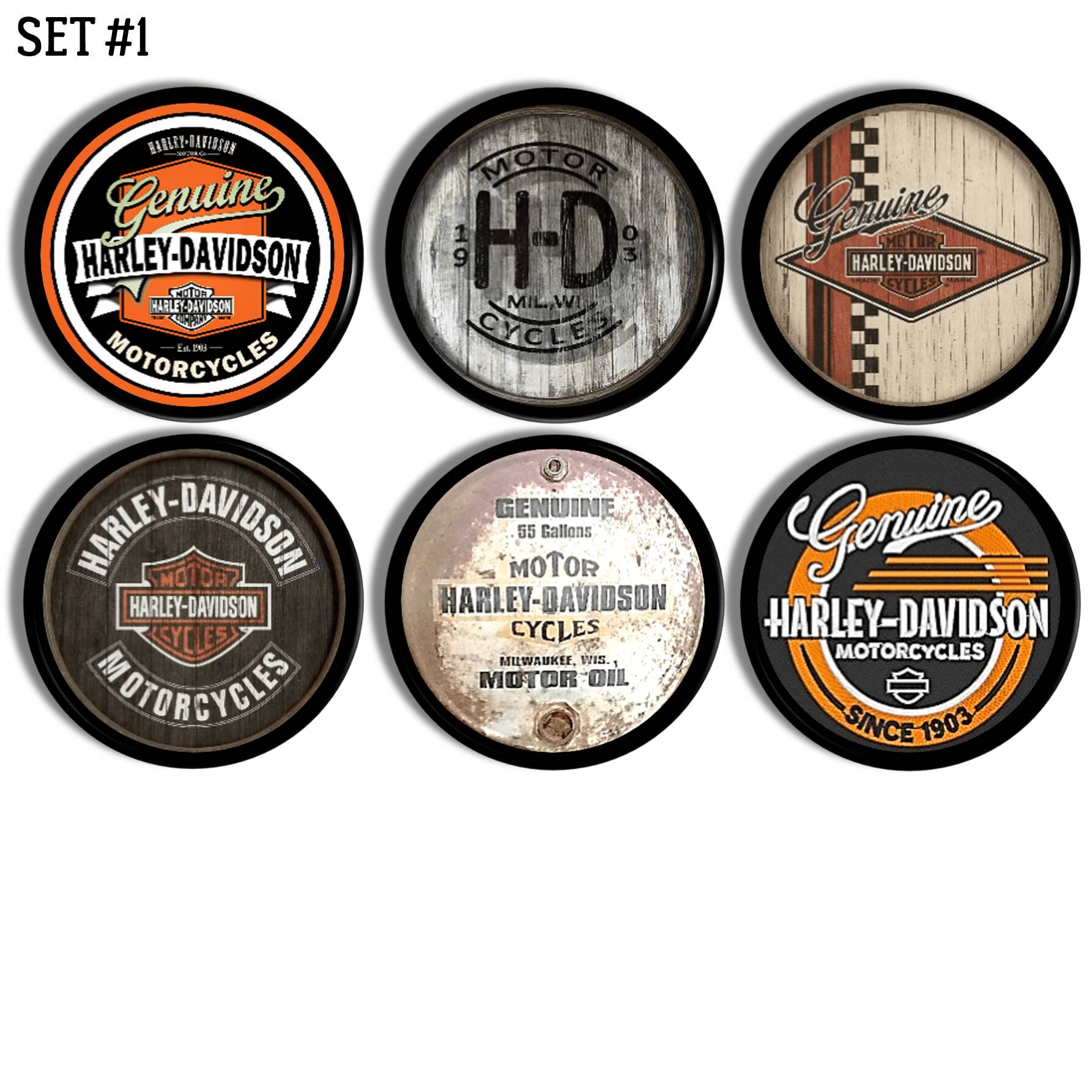 Vintage inspired decorative knobs in a classic Harley Davidson theme on black handle hardware.