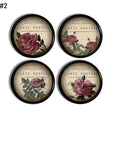 Four vintage Victorian rose cabinet knobs with detailed botanical floral artwork over aged French postcard script, perfect for romantic cottage, shabby chic, French country, and antique inspired décor.