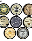 Set of 8 vintage style automotive drawer knobs designed as classic car speedometers, featuring odometers, mileage dials, and gauges in MPH and KPH formats for a retro dashboard look.