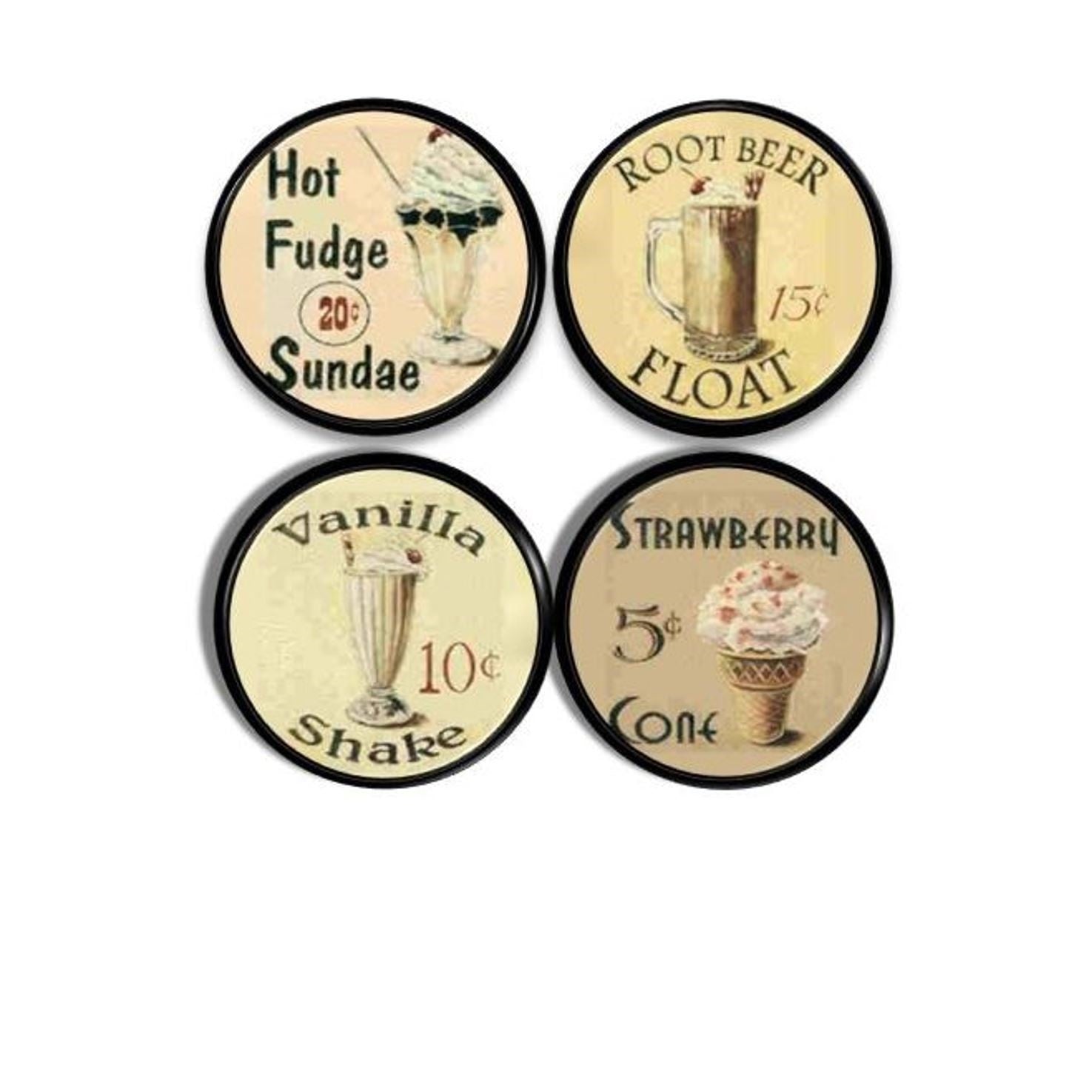 Retro vintage soda fountain cabinet knobs with ice cream sundae, root beer float, vanilla shake, and strawberry cone designs for kitchen knob and furniture drawer pull hardware.