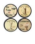 Retro vintage soda fountain cabinet knobs with ice cream sundae, root beer float, vanilla shake, and strawberry cone designs for kitchen knob and furniture drawer pull hardware.
