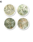 4 piece watercolor botanical cabinet knobs and drawer pulls with soft layered leaves in muted sage and warm beige on a white base