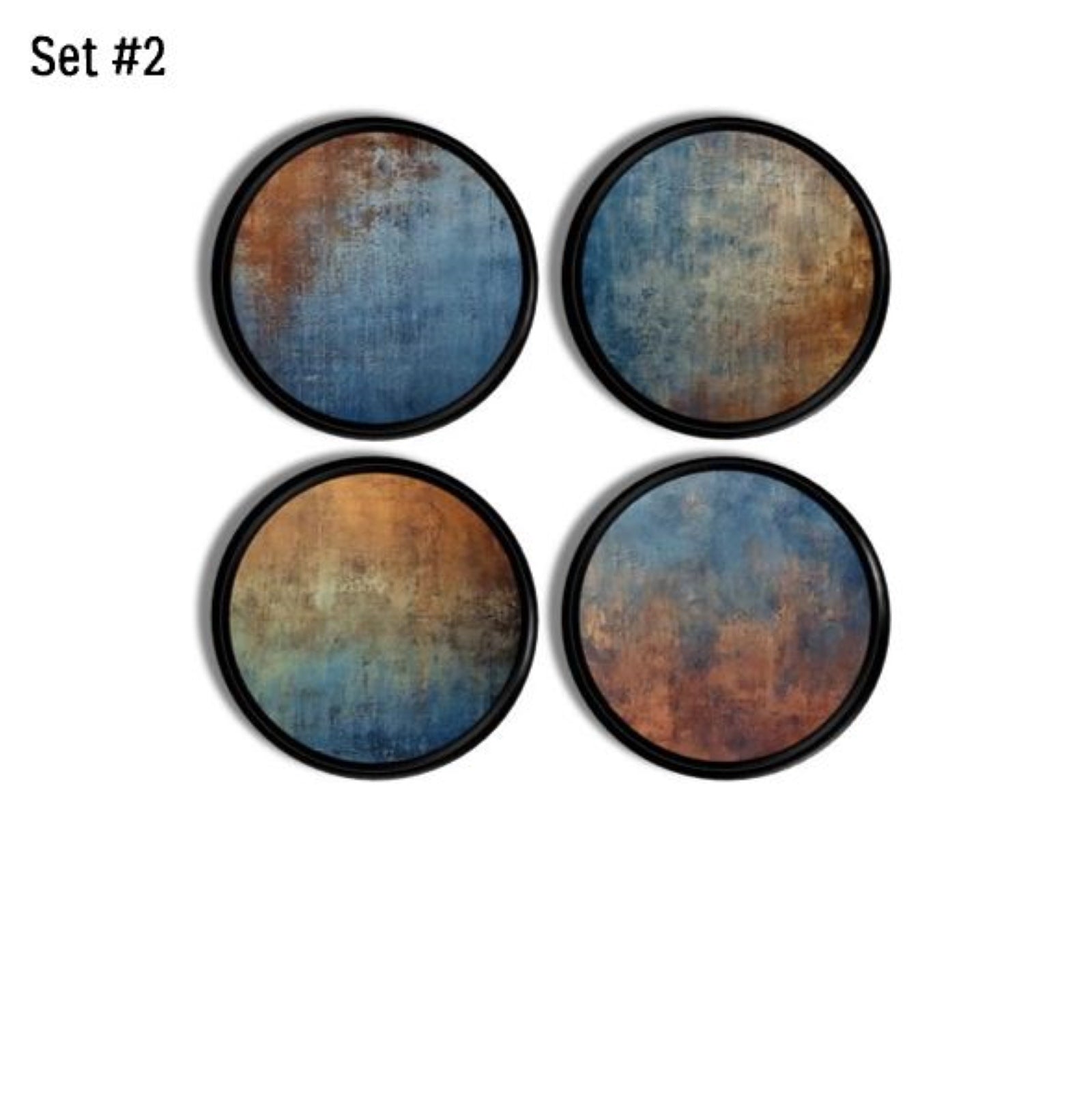 Set of 4 abstract art furniture and cabinet handles. Decorative hardware in a grungy, distressed rusted navy blue peeling paint theme. Made on black handle hardware.