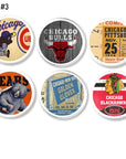 Six white handcrafted cabinet knobs featuring vintage Chicago sports designs. Includes Cubs, Bears, Bulls, Blackhawks, and Golden Gloves boxing graphics. Retro memorabilia hardware set of 6.