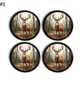 Wildlife style handmade cabinet hardware. Set of 4 knobs or drawer pulls featuring a majestic deer with large antlers in a lush forest, perfect for rustic and lodge-themed interiors.