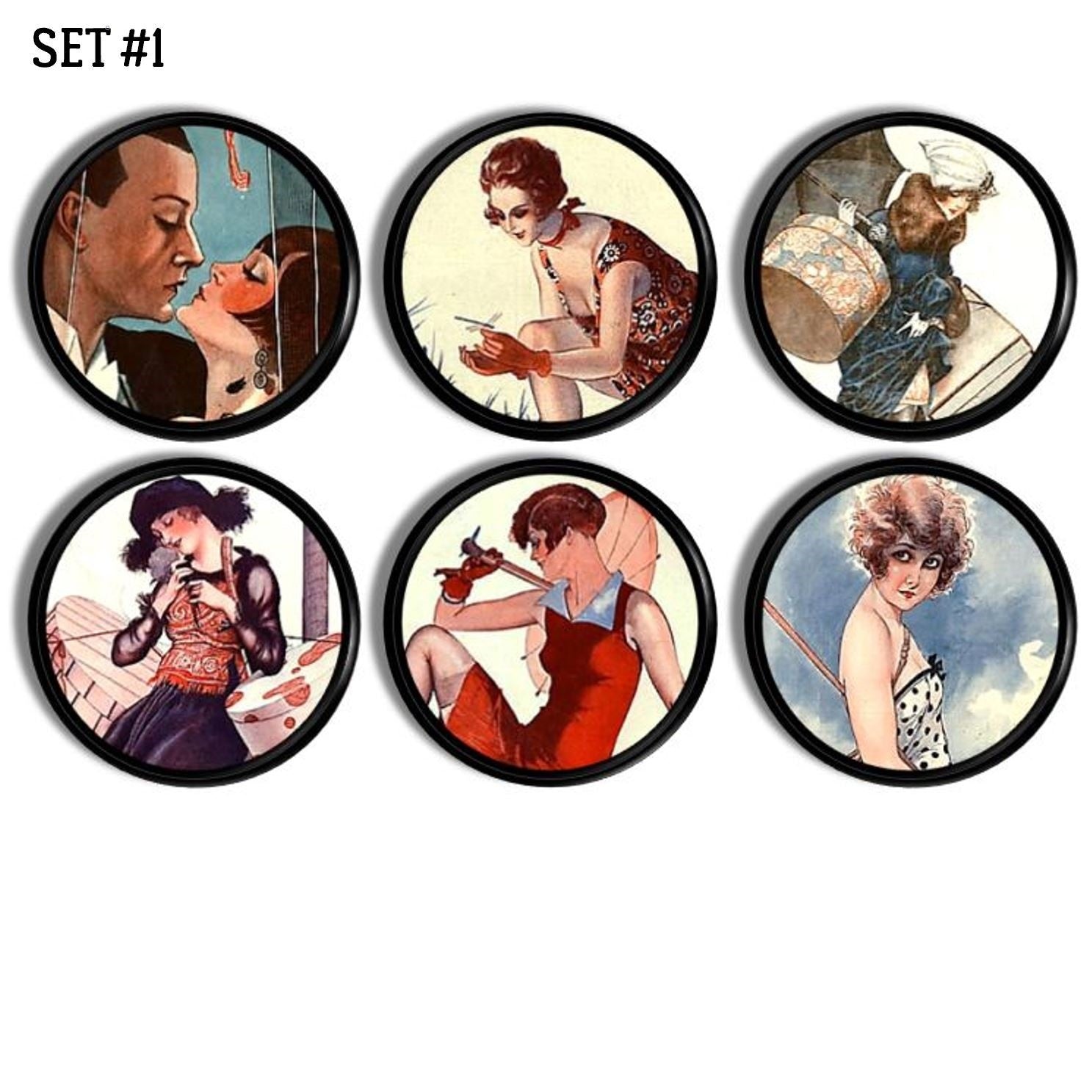 6 Decorative dresser knobs in a vintage 1920s era women's fashion theme. Great Gatsby art deco style illustration drawer pulls.