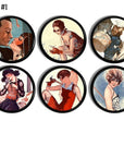 6 Decorative dresser knobs in a vintage 1920s era women's fashion theme. Great Gatsby art deco style illustration drawer pulls.