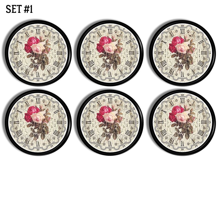 Set of six antique clock floral themed cabinet handles. Vintage inspired decorative hardware for furniture door knobs and drawer pulls. Made on a black base knob.