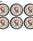 Set of six antique clock floral themed cabinet handles. Vintage inspired decorative hardware for furniture door knobs and drawer pulls. Made on a black base knob.