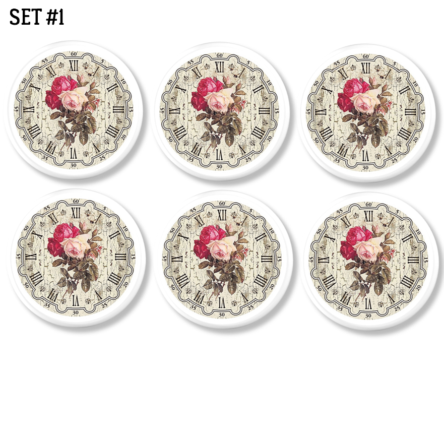 Victorian floral clock face cabinet drawer pull set. Pink rose flowers and vintage Roman numbers atop a vintage weathered white wood look.