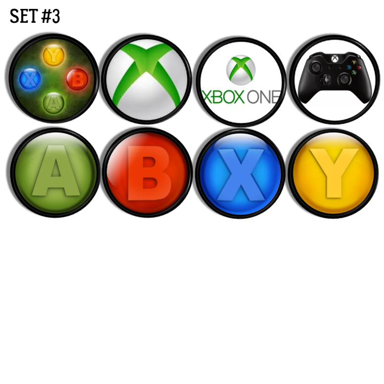 Unique set of 8 drawer pulls. Decorative knobs in green A, red B, Blue X and yellow Y buttons. Gamer college dorm room or man cave replacement cabinet handles.