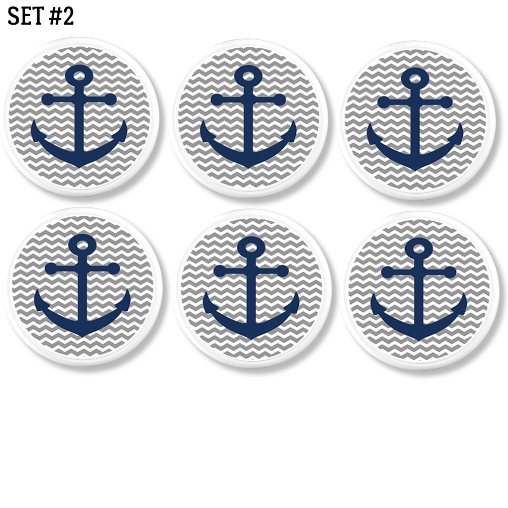 Set of 6 hand made baby nursery furniture knobs in soft gray chevron zigzag print with naurical anchor design.