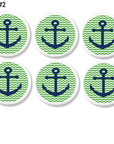 Children's dresser knobs hand decorated with cheerful green zigzag wave chevron print with classic navy blue anchor. Suitable for coastal cottage bathroom cabinets and storage.