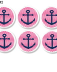 Young girl or baby nursery cabinet and drawer pull hardware set. Six knobs in bright pink and white chevron with navy blue boat anchor accent.