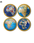 Four drawer pull hardware decorated in collector globes of blue and gold. Made on rustic natural wood knobs. Unique office furniture and storage handles.
