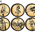 Six Alice in Wonderland themed cabinet knobs and drawer pulls with vintage storybook illustrations on aged parchment backgrounds, featuring the Caterpillar, Alice, the Cheshire Cat, the Queen of Hearts, a royal crown, and the King of Hearts.