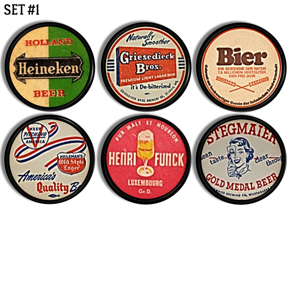 Handmade bar cabinet hardware in decorative vintage beer labels.