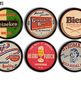 Handmade bar cabinet hardware in decorative vintage beer labels.