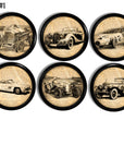 Handmade dresser pulls with antique cars in black on an aged newsprint background. Vintage mancave cabinet and drawer storage and organization hardware.