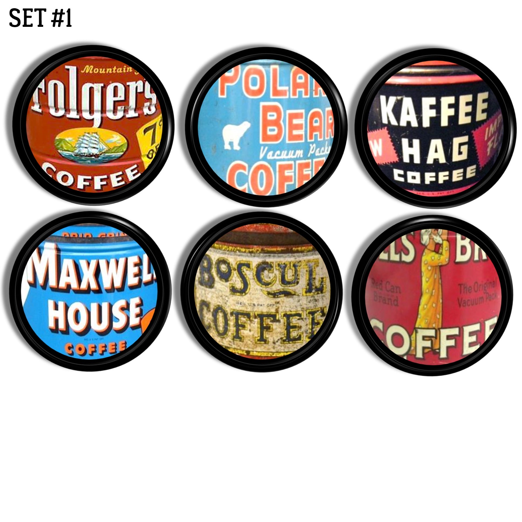 Antique farmhouse kitchen cabinet knobs in old coffee brands like Folgers, Maxwell House and Hills Brothers.