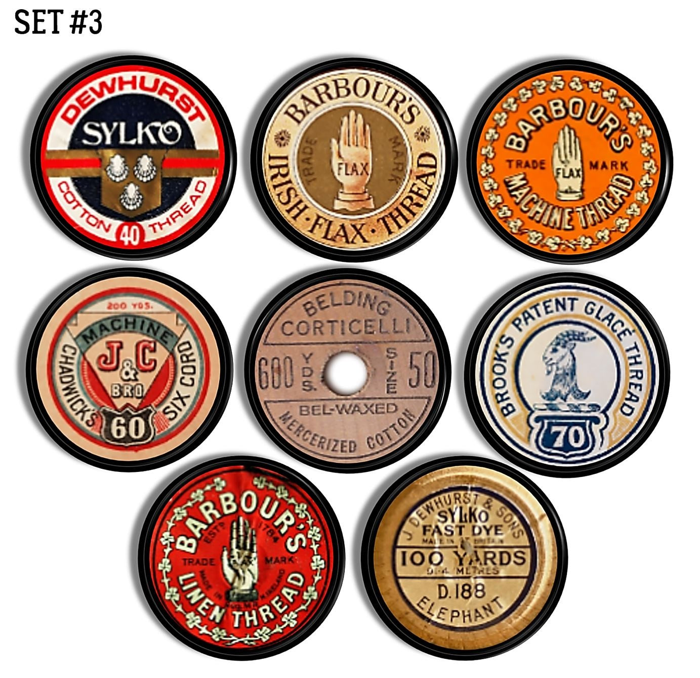 Vintage sewing thread theme decorative knobs for supply cupboards, laundry cabinets and craft room furniture.