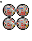 Four masculine decor cabinet knobs in an old antique style. Black drawer pull with colorful graphic of vintage signs on a white brick gas station wall.