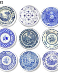 Set of 9 hand made furnture knobs in blue white vintage toile for rustic country hardware replacement