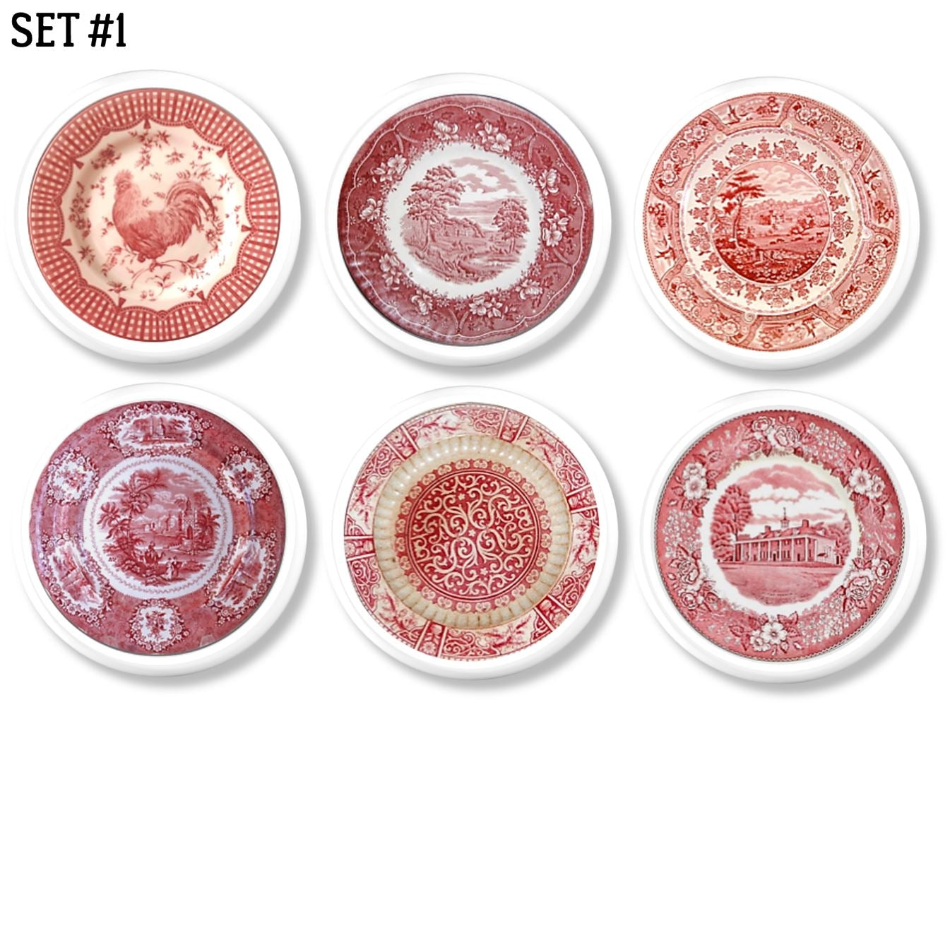 Set of 6 handmade cabinet drawer pulls in vintage transferware red toile dinnerware. Hardware for your Rustic Country home furniture.