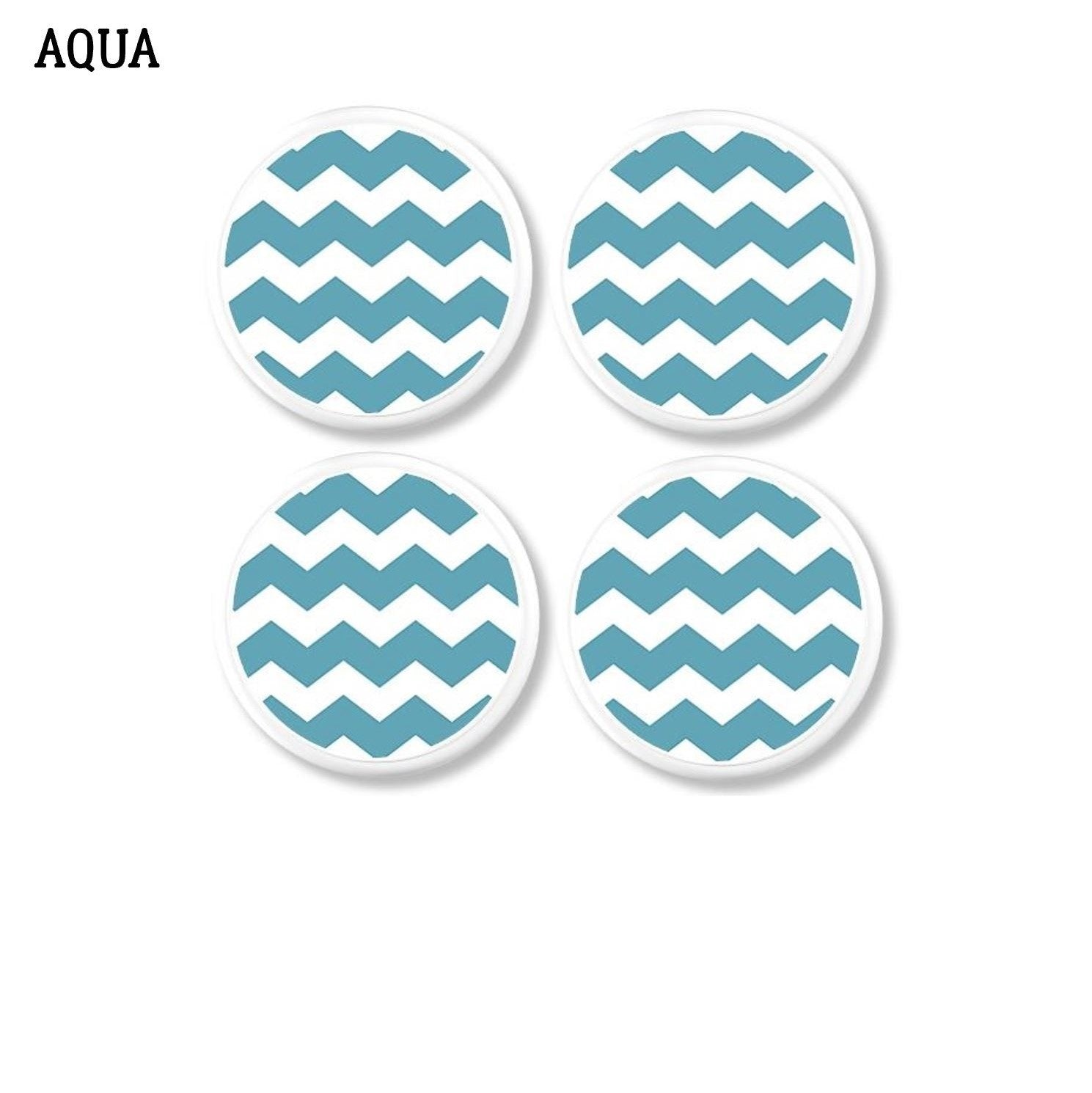 Aqua and white chevron stripe cabinet door knob set. Decorative coastal bathroom drawer pull hardware.